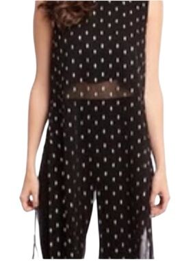 Asher Caleb Top, Long Black Chiffon Tunic w/ Silver Thread Design  - Small